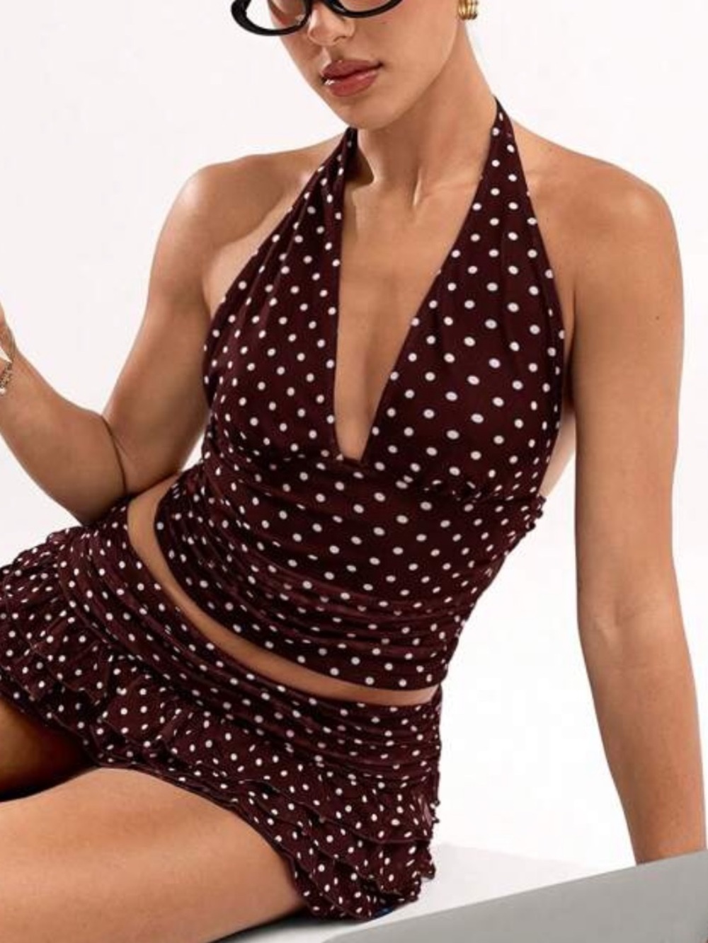 Polka Dot Halter Backless Tank Top in Coffee Brown & White NWOT - Picture 8 of 9